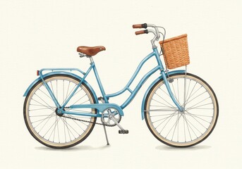 Light blue vintage bicycle with brown leather saddle and wicker basket on the front for decoration