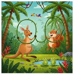 Cartoon kangaroo and squirrel jump rope using jungle vines, giggling under palm trees as birds fly overhead and frogs sing beside water.