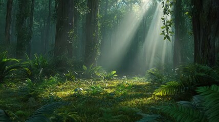 Obraz premium Sunbeams in a Lush Green Forest