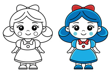 Cute Girl with Bow Coloring Page and Illustration - Printable Outline and Colored Version