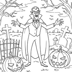 Halloween Dracula in graveyard drawing illustration for coloring book. Kids drawing book.