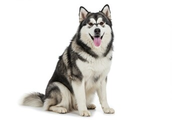 Obraz premium Siberian husky sitting with tongue out against white background showing playful dog expression