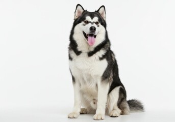 Beautiful malamute dog sitting with tongue out and happy expression on a white background indoors