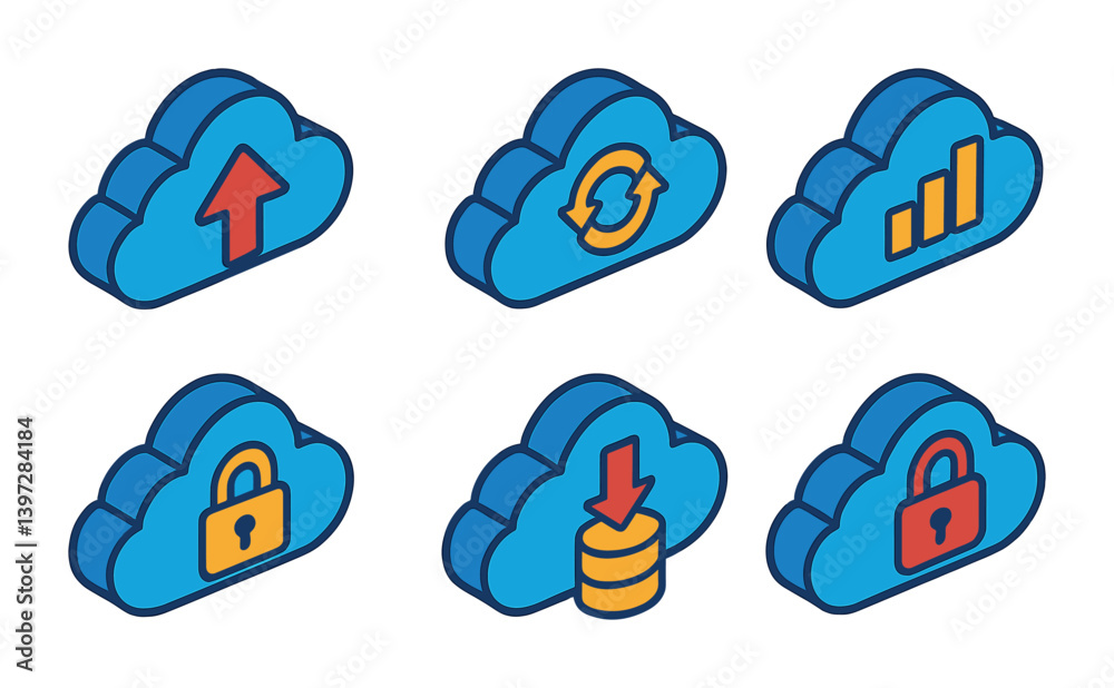 Poster cloud computing isometric icon set - data security, synchronization, and analysis