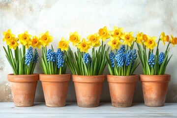 vibrant daffodils and grape hyacinths in terracotta pots with springtime flowers and textured background