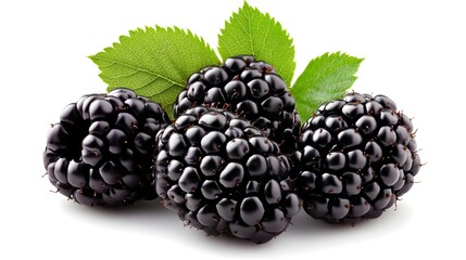 Fresh Blackberries with Green Leaves Isolated on White Background