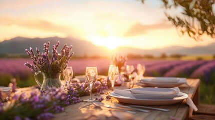 Obraz premium Picturesque Wedding Setup in Lavender Field at Sunset with Romantic Atmosphere