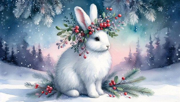 A soft watercolor illustration of a white hare with a mistletoe crown, sitting in the snow at twilight, symbolizing the peaceful and magical energy of the winter solstice.