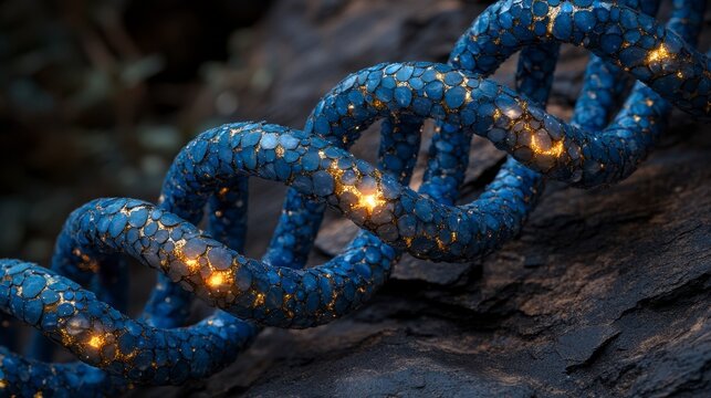 Blue double helix model on rock, with glowing spots. Details show textured surfaces