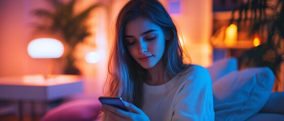 Girl looking at her phone in a cozy environment with soft light. Ideal for tech and lifestyle projects, as well as in digital lifestyle blogs.