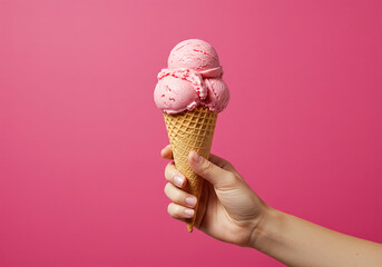 Hand holding strawberry ice cream cone on pink background.