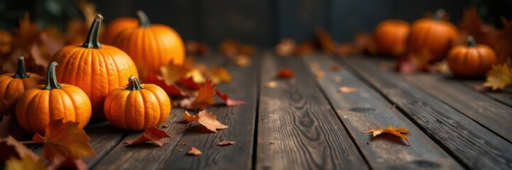 Pumpkins and fallen leaves scattered over a dark wooden floor, leaves, fall decor, cozy ambiance