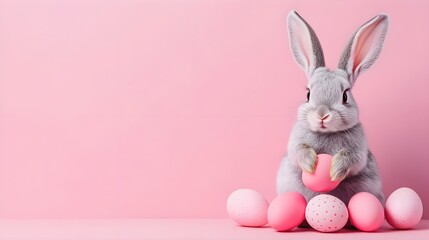 Cute Bunny with Colorful Eggs on Pink Background for Easter Theme