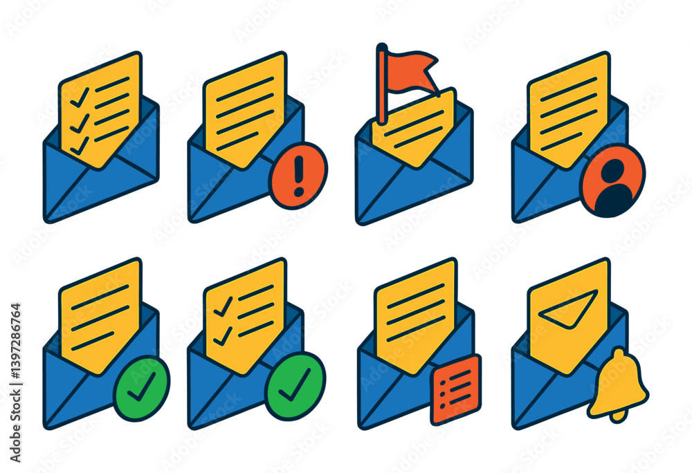 Poster email and communication linear icons set: inbox, notification, task complete