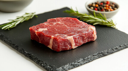 Fototapeta premium Fresh cut of beef steak on a slate board with herbs