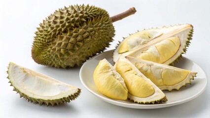 Obraz premium Durian Fruit And Plate Served white background
