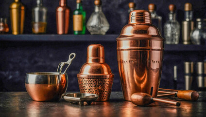 Copper cocktail shaker and bar tools against a dark background.