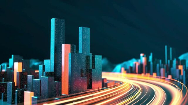 A dynamic urban night scene featuring illuminated skyscrapers and sweeping light trails from speeding cars, conveying motion, energy, and a futuristic, modern city vibe.
