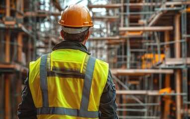 Construction Worker on Building Site Scaffolding Industrial Setting