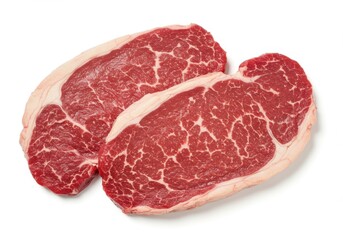 Two raw marbled ribeye steak cuts with visible fat lines on white background ready for cooking