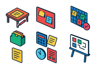 3d office organization icons set: desk, board, calendar, chart, file, clipboard, clock