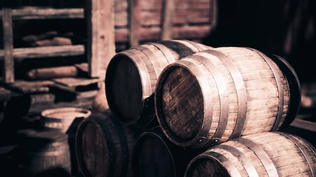 Several wooden barrels are stacked on top of each other in a rustic storage area. Soft natural light highlights the texture of the wood and the surroundings.