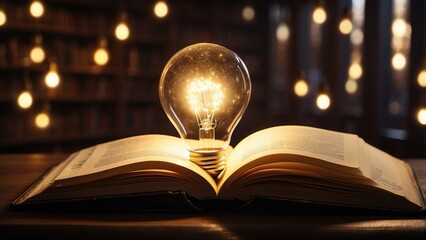An open book on a wooden table with a glowing lightbulb emerging from its pages