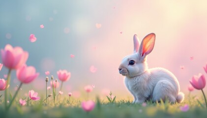 Obraz premium Pastel-colored gradient background with fuzzy, cute rabbits in a meadow , pink, rabbit