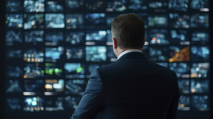 Fototapeta premium professional security operator monitors multiple screens displaying data and surveillance footage, showcasing high tech