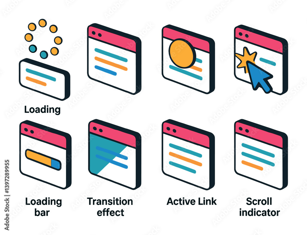 Poster 3d website navigation icons set: loading, transition, active link, and scroll indicators