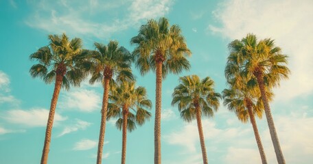 Lush Palm Trees Against a Bright Blue Sky with Soft Clouds in a Tropical Paradise Setting