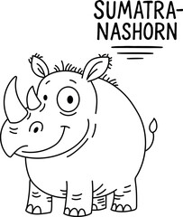 Cute cartoon Sumatran rhinoceros in coloring book style. Cute cartoon drawing of the endangered Sumatran rhinoceros in coloring style, with a smiling expression and the inscription 