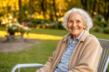 A happy elderly person enjoying their day sitting in a well-maintained garden.