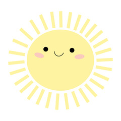 Cute cartoon yellow sun is smiling. Warm rays, sunny, good weather. Child's character. Environment. One icon isolated on  white background. Flat design.