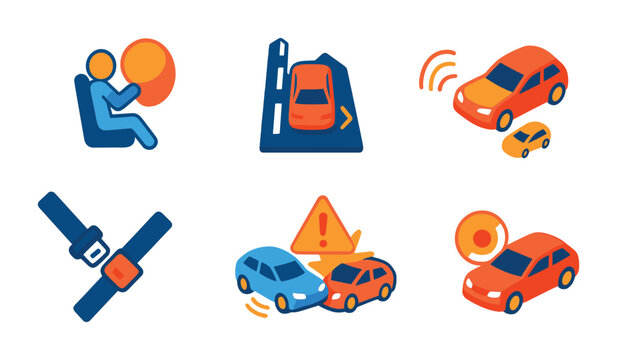 Car safety icons set: 3d style with airbag, seatbelt, collision, and more