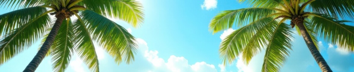 Fototapeta premium Palms sway gently in the breeze under bright tropical skies , island vibe, exotic foliage