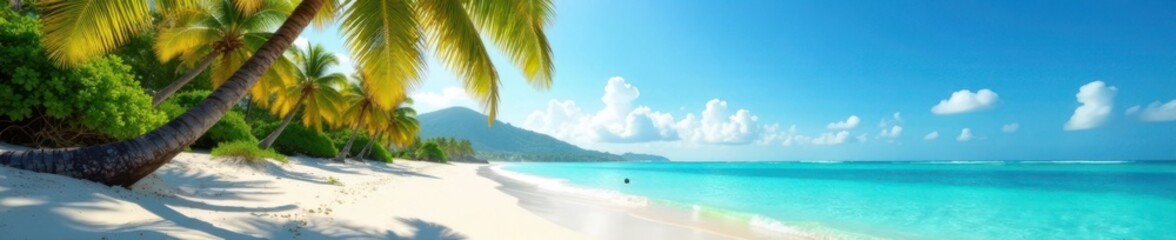 Obraz premium Palm trees sway in the gentle ocean breeze on a sun-kissed sandy beach, palm tree, sand