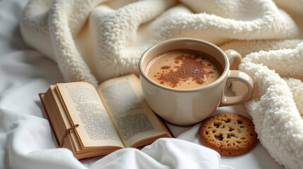 Flat lay of cozy coffee morning with cappuccino, book, cookies, and blanket on bed