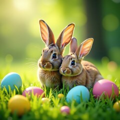 Obraz premium Pair of bunny ears in a lush meadow surrounded by vibrant eggs and greenery, lush meadow, eggs