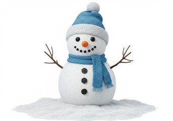 Smiling snowman with blue hat and scarf standing on snow with twig arms and button eyes visible