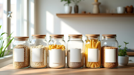 Modern kitchen with glass jars and labeled containers for dry food &ndash; zero waste pantry organization