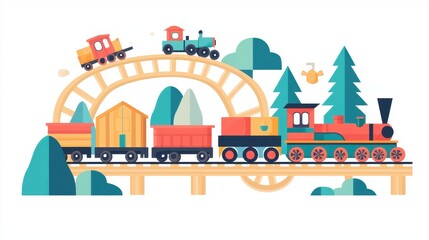 A colorful cartoon depiction of a toy train set with a roller coaster.