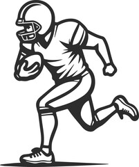  Icon of a football player in a helmet and with a ball in his hand, icon of an American football athlete, black line.