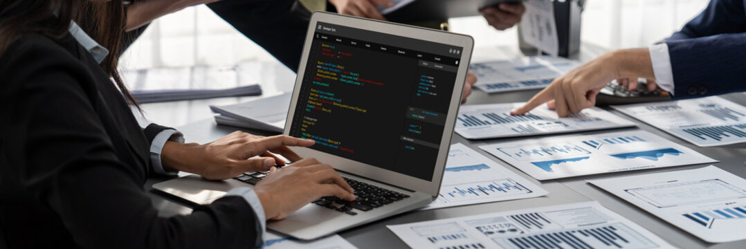 Software development programming on computer screen for brisk application and program coding