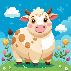 Vector cow with soft outlines and a gentle expression against a nature background