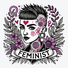 Tattooed punk girl with feminist slogan and plants.