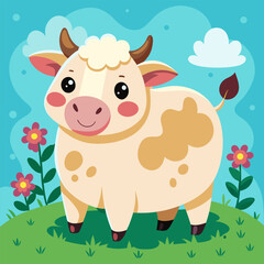 Sunny cow illustration with emphasis on soft textures and bright flowers around

