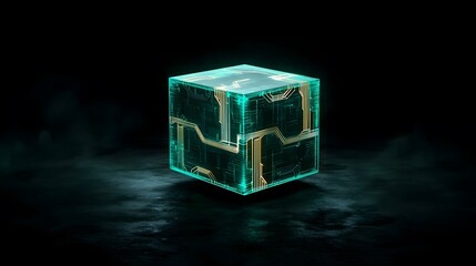 Fototapeta premium A translucent cube, glowing with teal and gold circuit patterns, sits on a dark, textured surface.
