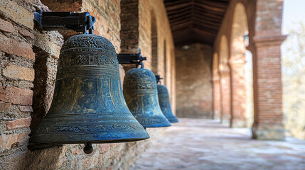 Obraz premium A row of antique bronze church bells hangs on a weathered brick wall within a historic colonial cloister showcasing intricate detailing and aged patina.