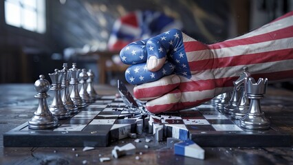 Fist with the flag of the united states of america breaking a chessboard during a game, expressing power and dominance.